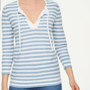 Blue Stripe Tie Neck Pullover Sweater, 3/4 Sleeves